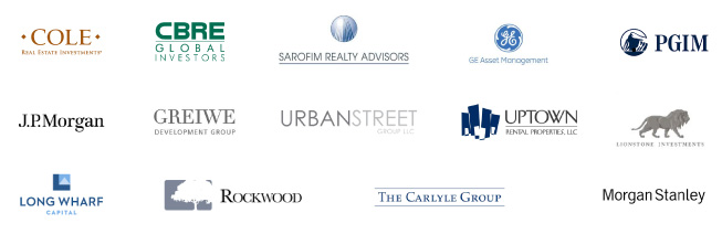 Collection of Logos for North American Properties Partner Companies. Includes Cole, CBRE, Sarofim, GE, PGIM, J.P. Morgan, Greiwe, Urban Street, Uptown, Lionstone, Long Wharf, Rockwood, The Carlyle Group, Morgan Stanley